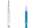 Clinical thermometer and injection on white