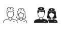 Clinician, Doctor, Nurse, Intern, Hospital Staff Pictogram. Medical Specialist Man and Woman Line and Silhouette Black