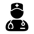 Clinician icon vector male person profile avatar with a stethoscope for medical consultation in Glyph Pictogram