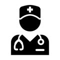 Clinician icon vector male person profile avatar with a stethoscope for medical consultation in Glyph Pictogram