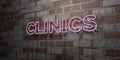 CLINICS - Glowing Neon Sign on stonework wall - 3D rendered royalty free stock illustration