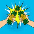 Clink beer bottles pop art vector illustration