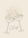 Clink glass of champagne with splash beige bg