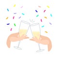 Clink glasses with champagne and confetti. festive feast with alcoholic drinks. female hand holds a glass. celebration