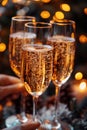 Clink glasses of champagne, toast celebration with golden glitter on abstract background