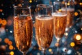 Clink glasses of champagne, toast celebration with golden glitter