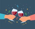 Clink glasses hands. Friends clink wine drinks, alcohol drinks in wineglasses, holiday party, people event together, celebration