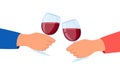 Clink glasses hands. Friends clink wine drinks, alcohol drinks in wineglasses. Vector illustration Royalty Free Stock Photo