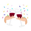 Clink glasses with red wine and confetti. festive feast with alcoholic drinks. hand holds a glass of wine. celebration