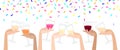 clink glasses with wine and confetti. hen-party. festive party. hand holds a glass with alcoholic drinks. celebration