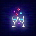 Clink two glasses neon icon. Party celebration. Happy Valentines Day. Editable stroke. Isolated vector illustration Royalty Free Stock Photo