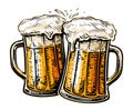 Hand drawn two toasting beer mugs. Clinking glass tankards full of beer and splashed foam. Cheers, vector illustration Royalty Free Stock Photo