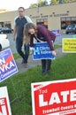 Clinton campaign staffers in Ohio add signboard in front of Board of Elections Royalty Free Stock Photo