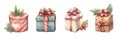 Clip art of 4 Christmas watercolor gift boxes with ribbons close up isolated on a white background. Christmas or New