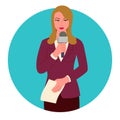 Clip art of a confident woman reporter holding a microphone