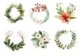 Clip art. Cute watercolor wreaths from green twigs, mistletoe branches and flowers isolated on white background Royalty Free Stock Photo