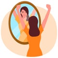 Clip art of a happy young woman looking in the mirror