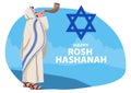 Clip art of Jewish man blowing the Shofar ram\'s horn on Rosh Hashanah Royalty Free Stock Photo