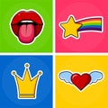 Clip art. Open mouth with tongue, yellow crown, heart with wings and rainbow comet. Stickers on a colored background.