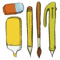 Clip art of pencil sketch of school stationery, supplies.