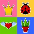 Clip art. Red ladybug, yellow crown, heart with wings and a flower in a pot. Stickers on a colored background. Vector