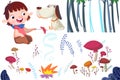 Clip Art Set: Boy, Dog, Campfire And Nature Plants.