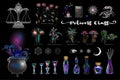 Clip art, set of elements for potions class with cauldron, wine glasses, bottles, magician plants