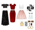 Clip Art Set of woman`s clothes, accessories and cosmetics.