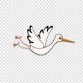 Clip art or sticker of cute flying stork on transparent background. Royalty Free Stock Photo