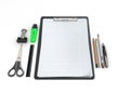 Clip board and papers and a pencil with a ruler on it 3d render Royalty Free Stock Photo