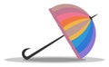 Clipart of an appealing folded colorful rainbow umbrella tilted to the foreground, vector or color illustration