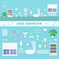 Clipart bathroom interior with retro bathtub, toilet bowl, bidet, sink and accessories on blue background Royalty Free Stock Photo