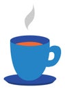 Clipart of a blue teacup and saucer filled with the hot steaming tea, vector or color illustration