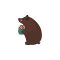 Clipart of a brown bear holding a fruit basket filled with berries vector or color illustration