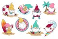 Clipart bundle with cartoon gnomes on the beach and in the pool. Leprechauns play ball, swim, dive, surf, drink cocktails, build