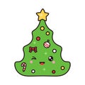 Clipart Christmas Tree in Cartoon Style. Cute Clip Art Xmas Tree. Vector Illustration of a Christmas for Stickers, Baby