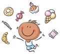 Clipart collection of cartoon sweets. Happy doodle kid with cakes and candys. Smiling boy jumping with joy Royalty Free Stock Photo