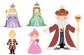 Collection set of the king, queen, prince, and princess of medieval kingdom fairytale Royalty Free Stock Photo