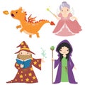 Collection set of the Magical dragon, fairy, wizard, and witch medieval kingdom fairytale Royalty Free Stock Photo