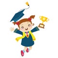 Clipart of a cute brown-haired little girl with blue toga dress for commencement jumping and holding a trophy Royalty Free Stock Photo