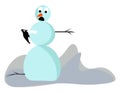 Clipart of a cute little snowman looking surprisingly on the bird perched in its arms, vector or color illustration