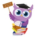 Clipart of cute and owl rabbit standing on the books and bring a sign board of students of 2023 on white background