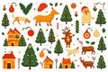 Clipart of drawing with gingerbread cookie, Santa Claus, reindeer, gift boxes, Christmas tree, flat design, white background