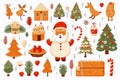 Clipart of drawing with gingerbread cookie, Santa Claus, reindeer, gift boxes, Christmas tree, flat design, white background Royalty Free Stock Photo