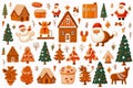 Clipart of drawing with gingerbread cookie, Santa Claus, reindeer, gift boxes, Christmas tree, flat design, white background