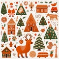 Clipart of drawing with gingerbread cookie, Santa Claus, reindeer, gift boxes, Christmas tree, flat design, white background Royalty Free Stock Photo