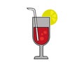 Clipart of elegant party glassware filled with a red alcoholic drink and a straw garnished with a lemon slice vector color drawing