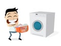 Funny cartoon man with dirty laundry and washing machine Royalty Free Stock Photo