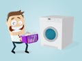 Funny cartoon man with dirty laundry and washing machine Royalty Free Stock Photo