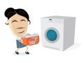 Funny cartoon woman with dirty laundry and washing machine Royalty Free Stock Photo